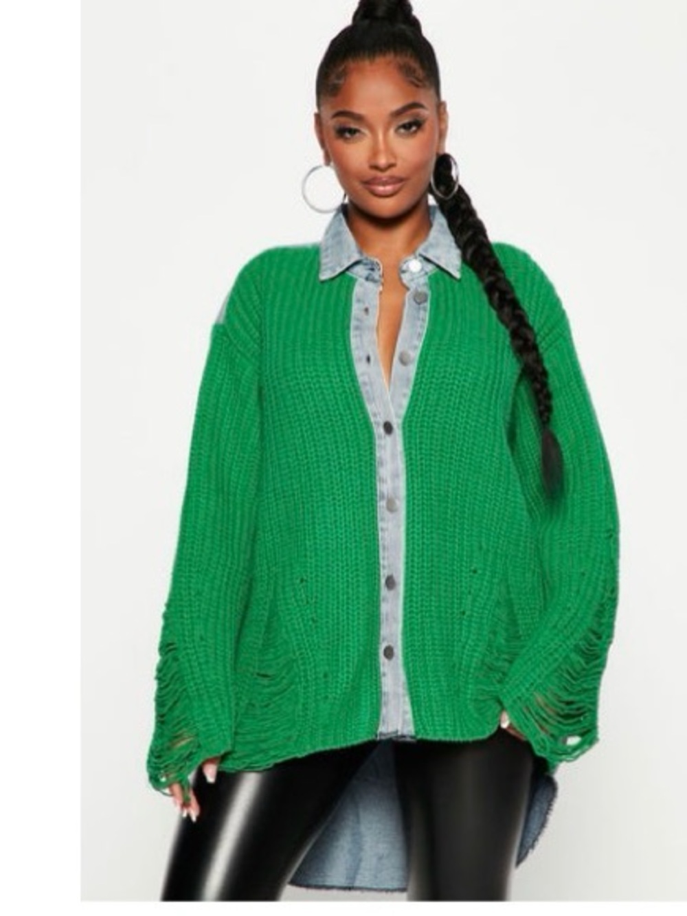 Fashion Nova Green Open-Knit Oversized Cardigan Sweater